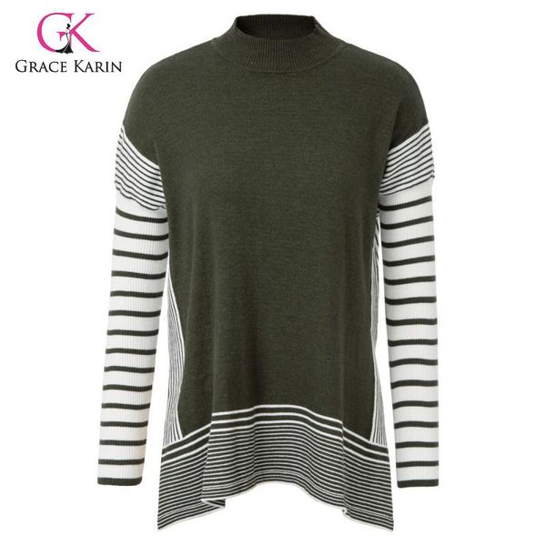 

grace karin fashion women's mock neck sweater knitwear pullover sides split contrast color winter lady warm long sleeve sweater