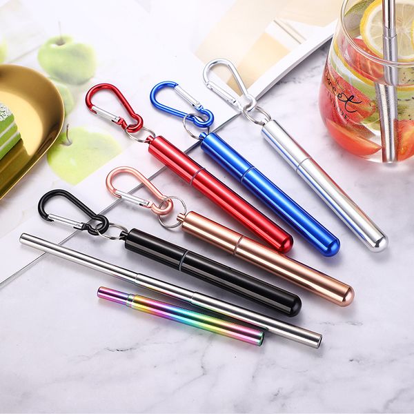 

in stock portable reusable folding drinking straws stainless steel metal telescopic foldable straws with aluminum case & cleaning brush