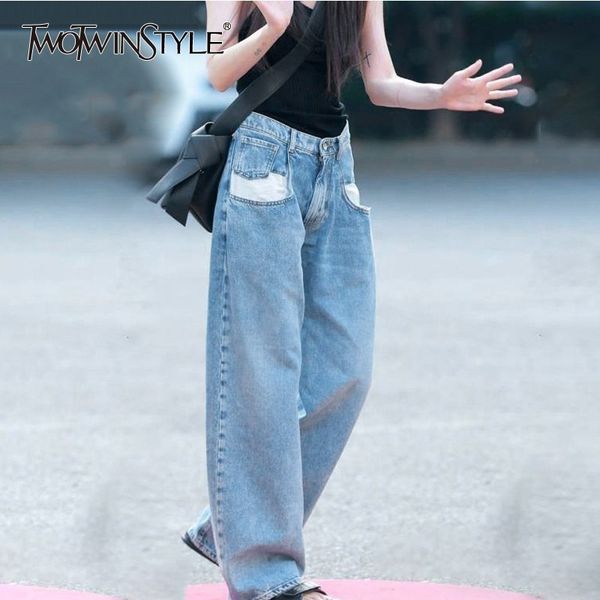 

twotwinstyle повседневных джинсы женщина высокая талия хит цвета заплатка длинные джинсовые брюки для женщин 2019 весна streetwear моды, Blue