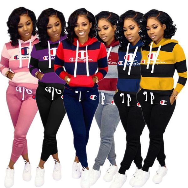 

embroidery champion striped patchwork tracksuits women s hoodies hooded pullover and pants two piece set sweatsuits winter sportswear 6053, Gray
