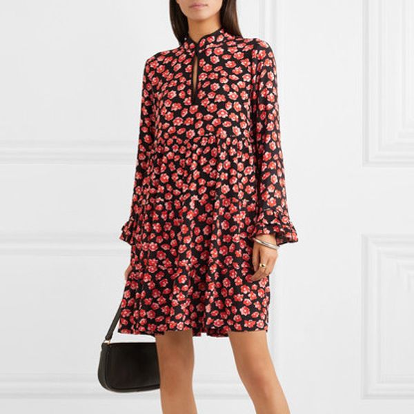 

women dress 2019 spring and summer new sweet chiffon print dress, Black;gray