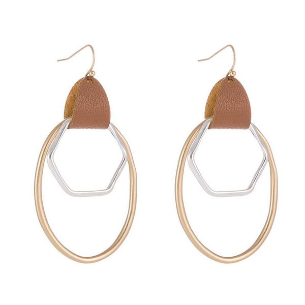 

trendy two tone oval with vegan leather accent drop earrings for women hammered round disc hexagon geometric statement earrings jewelry, Golden;silver