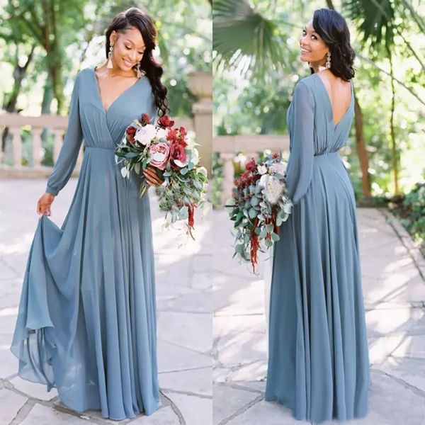 Abiti da damigella d'onore lunghi country blu polveroso con maniche lunghe in chiffon retrò Abito da festa per ospiti di nozze bohémien a figura intera BD8949