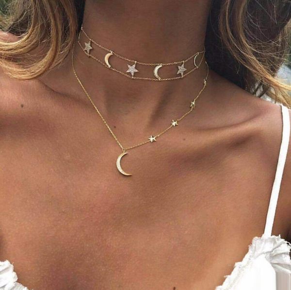 

boho multilayer choker pendant necklace crystal star moon chain women jewelry, Silver