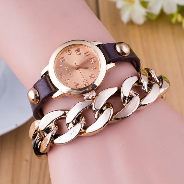 

hesiod fashion casual wristwatch leather bracelet with big alloy chain women dress quartz watches, Slivery;brown