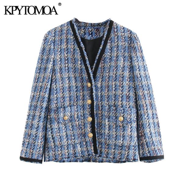 

kpytomoa women 2020 fashion pockets frayed trims tweed jacket coat vintage v neck long sleeve female outerwear chic, Black;brown