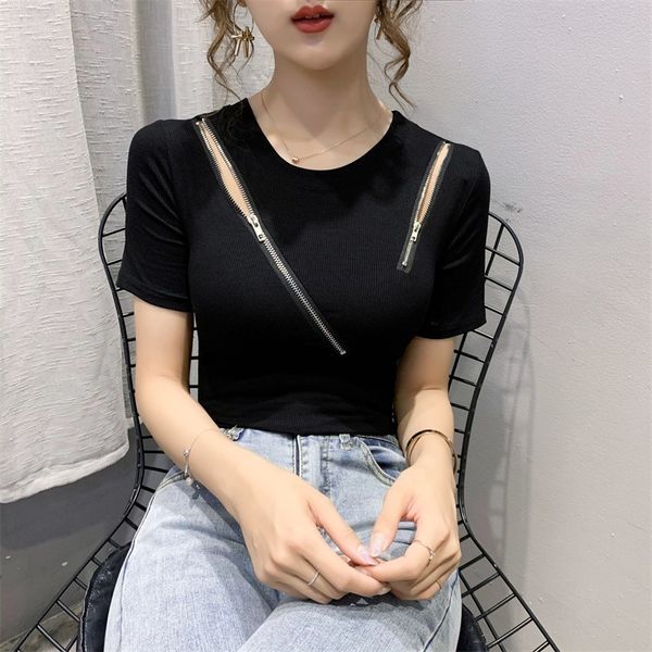 

hong kong flavor cool zipper elastic slim solid color all-match heart machine design hollow short-sleeved net red t-shirt womens bottoming s, White