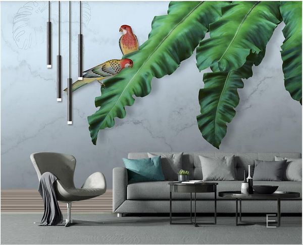 

3d landscapes wall custom mural wallpaper hd hand-painted oil painting tropical leaves parrot background wall modern 3d mural on the wall