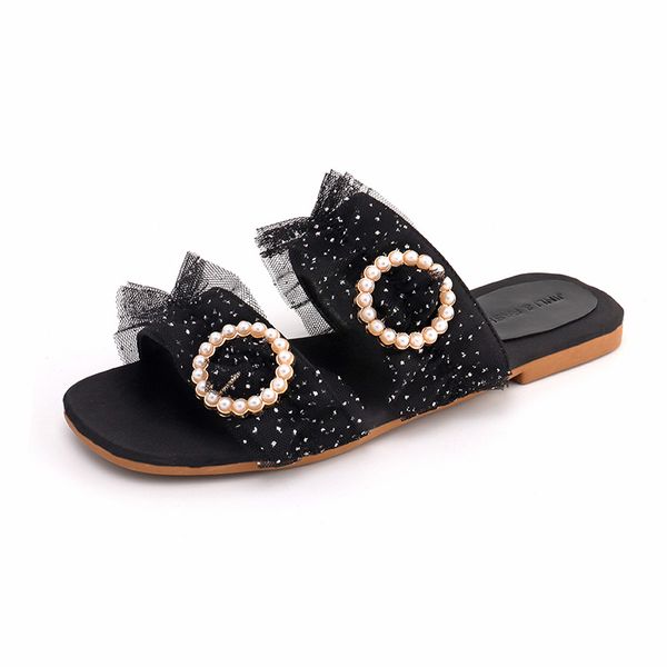 

shoes woman 2020 slippers casual low string bead slipers women soft flat new rome rubber cotton fabric slides pu leisure, Black