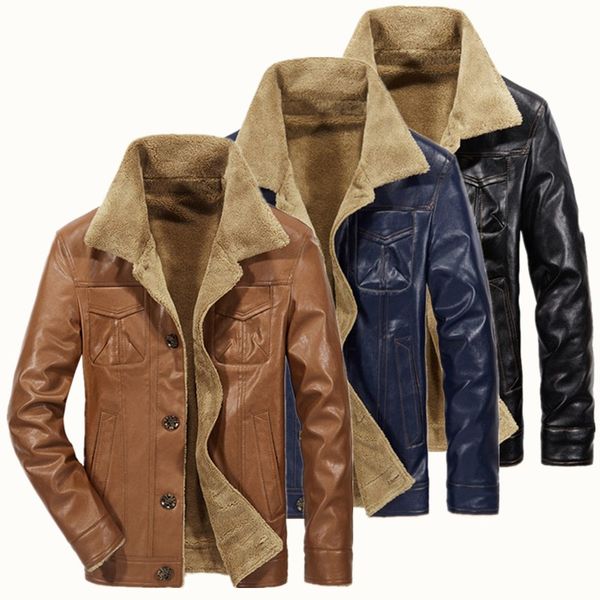 

winter pu leather jackets mens brand clothing thermal outerwear men fur collar jacket male plus thick warm fleece coats, Black