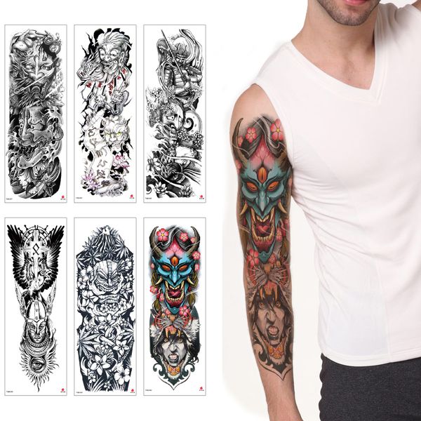Big Large Full Arm Devil Series Waterproof Temporary Body Tattoo Sketch Ghost Warrior Flower Transfer Paper Leg Sleeve Tattoo Sticker Design Make