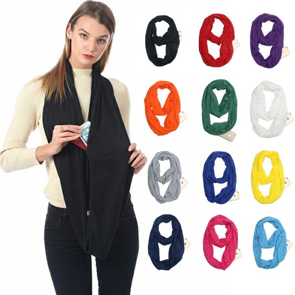 

european and american-style cross-border storage zip pockets collar solid color infinite scarf pockets scarf womens, Blue;gray