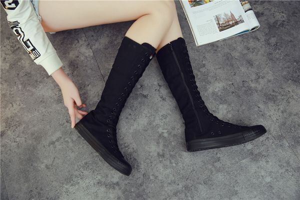 

2019 fashion high-rubber shoes casual canvas shoes side zipper lace-up women's boots big size hidden heel flat platform, Black