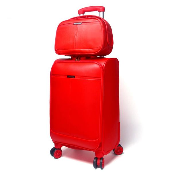 

women pu leather wedding luggage set red spinner suitcase with cosmetic bag 2pcs set bridal suitcase happy case 16/20/24