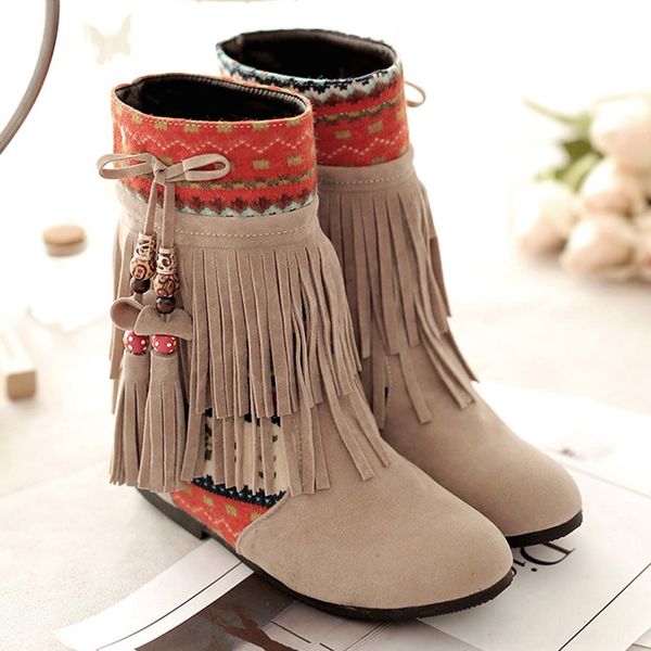 

bohemia tassel short booties autumn winter slip-on flat round boots suede fund ankle boots lie fallow ethnic style shoes, Black