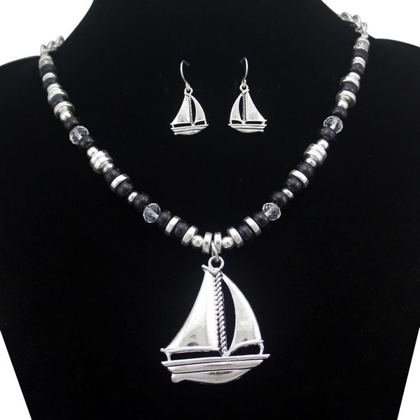 

nautical yacht pirate sail boat clipper bib beach earrings dangle necklace earrings set jewelry statement going to sea, Silver