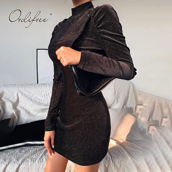 

ordifree 2020 осени женщина velvet платье с длинным рукавом sexy bodycon черных блестками мини карандаш платье, Black;gray