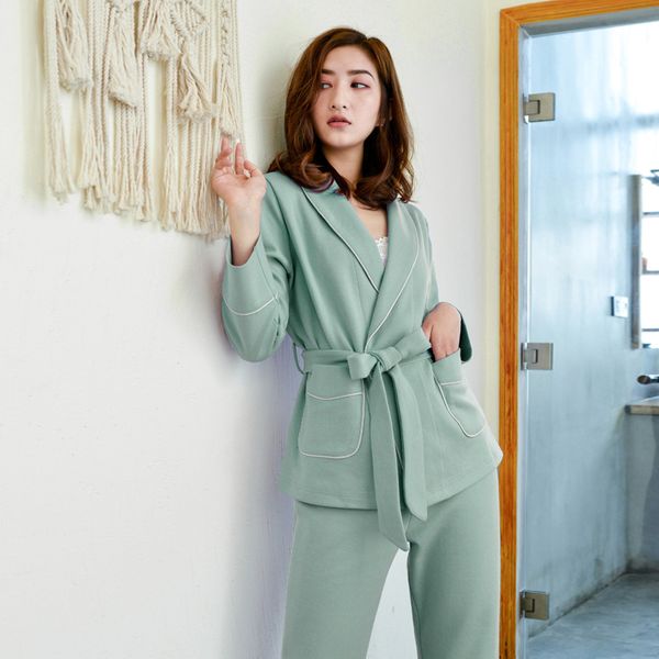 

autumn long sleeve nightwear turn-down collar solid cotton loungewear women pajamas long sleeve sleepwear loungewear pijamas, Blue;gray