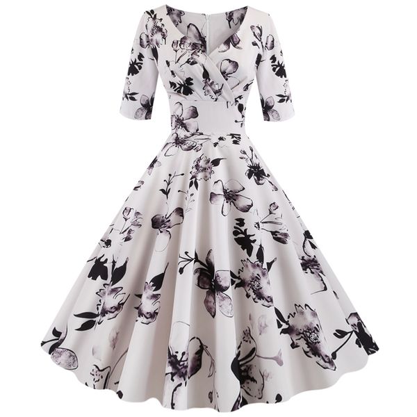 

summer women's wear retro hepburn print v-neck sleeve swing dress women dress size floral slim pleated flower the new vintage, Black;gray