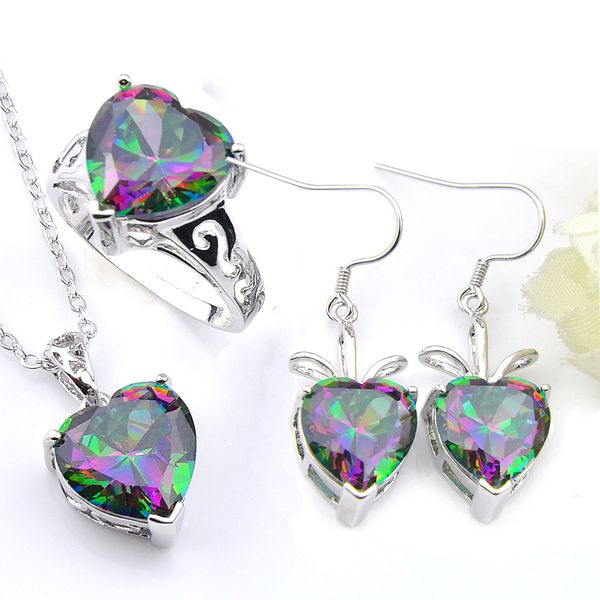 LuckyShine Regalo di San Valentino Fuoco Arcobaleno Cuore Mistico Topazio 925 Anelli in argento sterling Pendenti Orecchini Set di gioielli da donna Spedizione gratuita