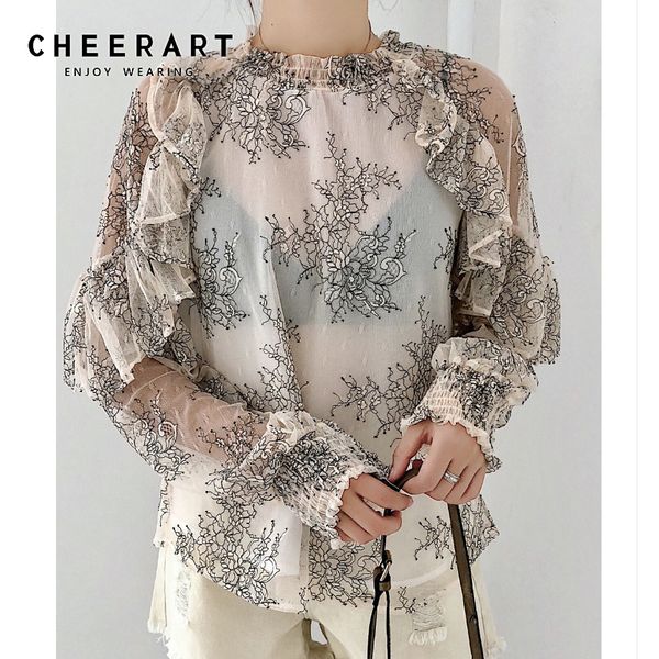 

cheerart see through ruffle blouse long sleeve sheer floral print vintage transparent blouse korean fashion clothing, White
