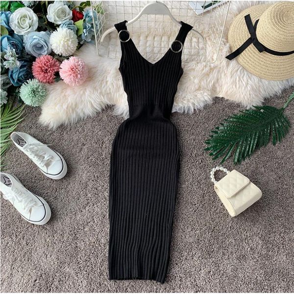

урожай твердая женщины платье sexy summer 2020 stretch v-образным вырезом платья bodycon высокой талией корейской моды vestidos hh095, Black;gray