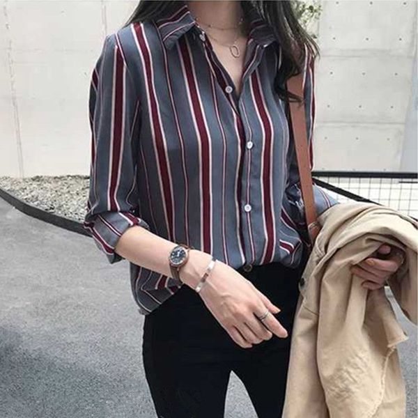

vintage long sleeve casual shirt fashion women striped print loose lapel blouse, White