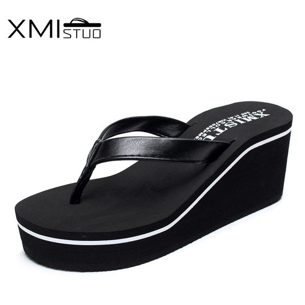 

xmistuo increase 6.7cm high-quality fashion non-slip thick flat-bottomed slope with the beach with fine leather ladies slippers, Black