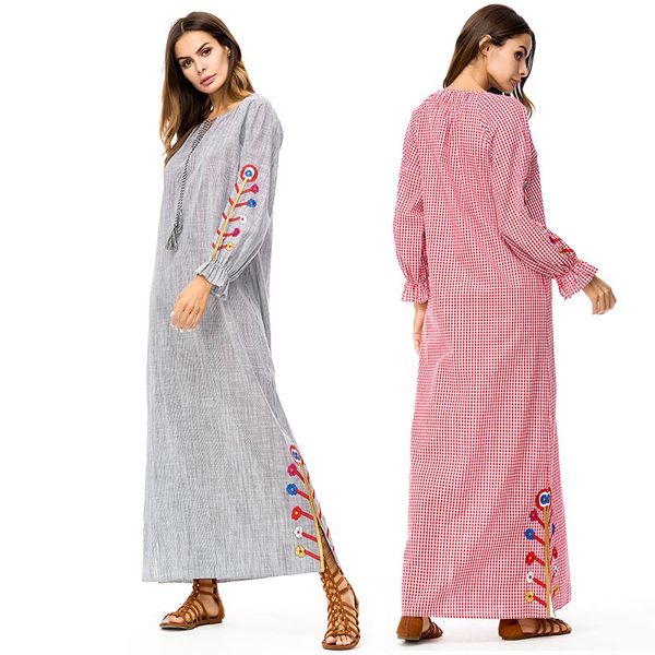 

casual embroidery maxi dress ankle-length tassels abaya plus size kimono loose long robe gowns bohemia muslim islamic clothing, Red