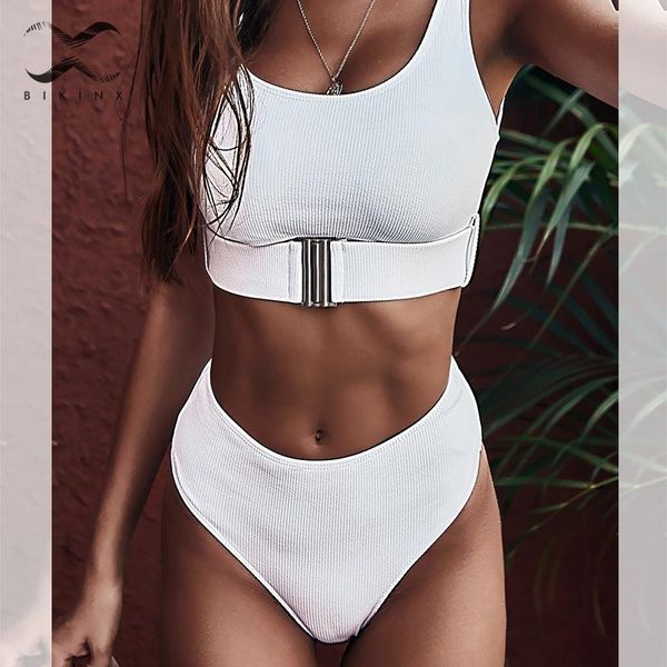 

bikinx vintage white swimsuit with belt ribbed bikinis 2019 mujer high waist swimwear women bathers solid push up bathing suit