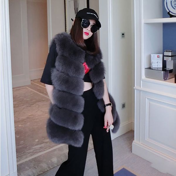 

fenghua furs vest coat 2018 winter women coat faux fur long jackets warm sleeveless fur overcoat fashion outwear casaco feminino, Black