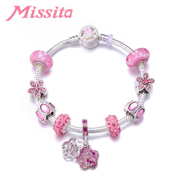 

missita 2019 new pink cherry blossoms charm bracelet murano beads bracelets for women anniversary brand gift dropshipping, Golden;silver