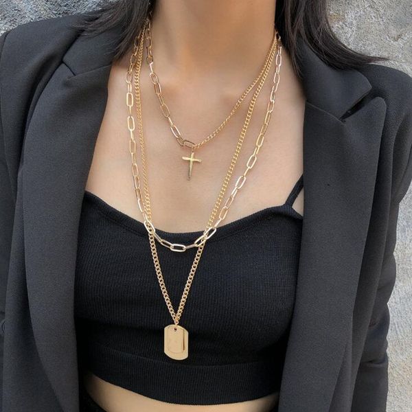 

diezi hip hop multilayer silver color chain square cross pendant necklace fashion punk geometric choker necklaces for women men