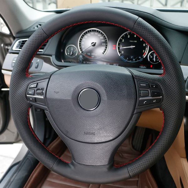 

hand sewing custom black leather red thread car steering wheel cover for bmw f10 523li 525li 2009 730li 740li 750li