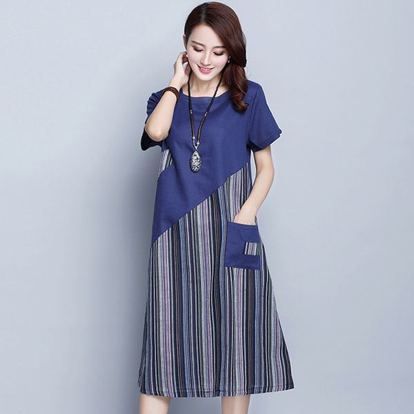 

Women Dress Summer Ladies Cotton Linen Stripe Patchwork Midi Dress Short Sleeve O Neck Vintage Mid-Calf Vestido Pocket
