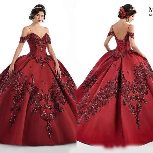

burgundy puffy skirt quinceanera dresses 2020 plus size off shoulder sparkly lace sequins applique princess vestido de festa sweet 16 dress, Blue;red