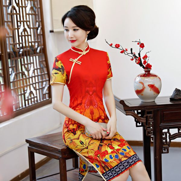 

stylish ladies rayon cheongsam new chinese style mandarin collar knee length dress womens qipao slim party dresses vestido, Black;gray