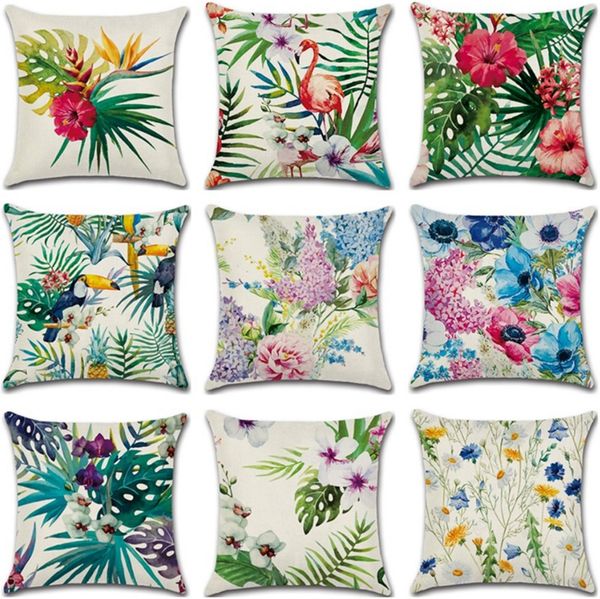 Linen Flower Print Patterm Pillow Case Plant Flamingo 45 45cm Flax