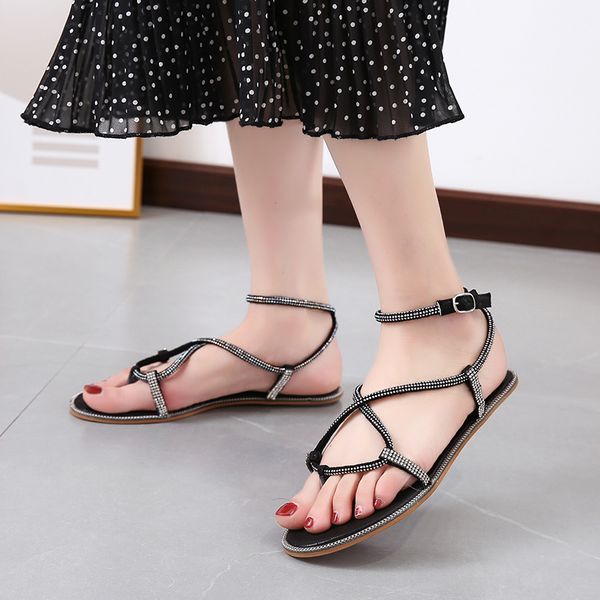 

горный хрусталь граничит ремешками плоские гладиаторские сандалии женская обувь лето сладкий открытый носок пляжные сандалии женщина розовый, Black