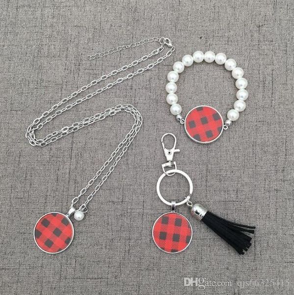 

monogram tartan plaid necklace pearl bracelets and tassel keychain accessoriesmonogram jewelry set plaid disc necklace tassel pearl, Silver
