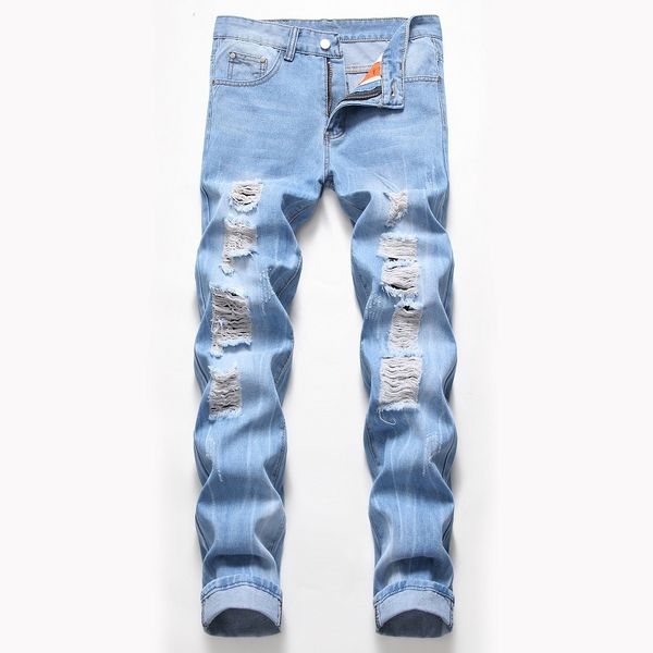 

torn men jeans european and american personality men jeans nostalgic straight tube retro with four-color trendy for, Blue