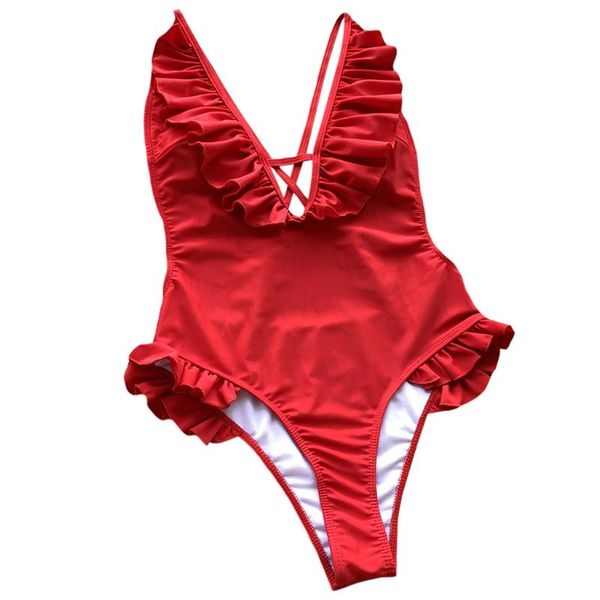 

klv women one piece plunging v-neck solid color monokini keyhole hollow ruffles patchwork high cut cross bandag backless, Red;black