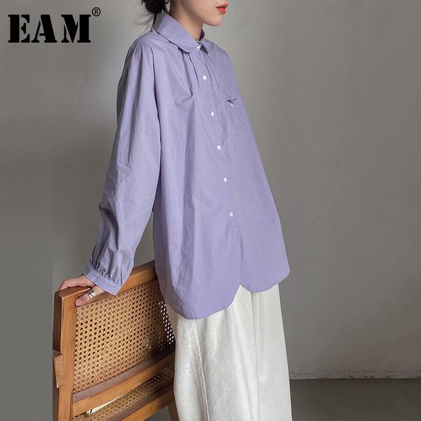 

eam] women purple brief temperament big size blouse new lapel long sleeve loose fit shirt fashion tide spring autumn 2020 1t103, White