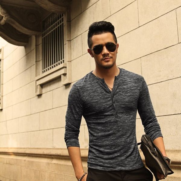 

8 цветов новые мужские футболки с длинными рукавами кнопка fold дизайн мода повседневная тонкая рубашка o-образным вырезом генри рубашка, White;black