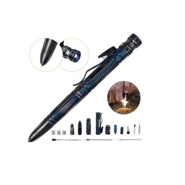 Stylo tactique d'auto-défense le plus chaud, brise-verre multifonction portable de survie en acier inoxydable, outil EDC extérieur avec lampe de poche LED