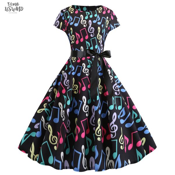 

new music note print women vintage dress summer short sleeve o neck casual party dresses vestido robe femme 2020, Black;gray