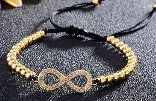 

8mm uki3 glasses infinity gold silver cz zircon cubic zirconia bracelet adjusted macrame charm braided copper rope bangles, Black