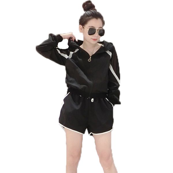 

europe and america woman 2 pieces sets outfits long sleeve hooded thin caot and shorts 2019 new summer ladies casual tracksuit, White