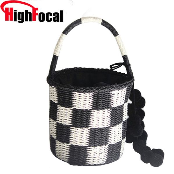 

highfocal summer straw bucket hand bag for women 2019 rattan paper woven lady holiday travel beach basket bag drop shipping