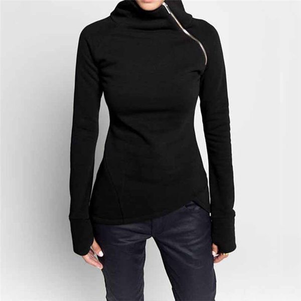 

women hoodies sweatshirts 2019 autumn casual solid long sleeve turtleneck pullovers zippers slim fit blusas plus size 4color, Black